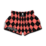 Black And Coral Argyle Pattern Print Muay Thai Boxing Shorts