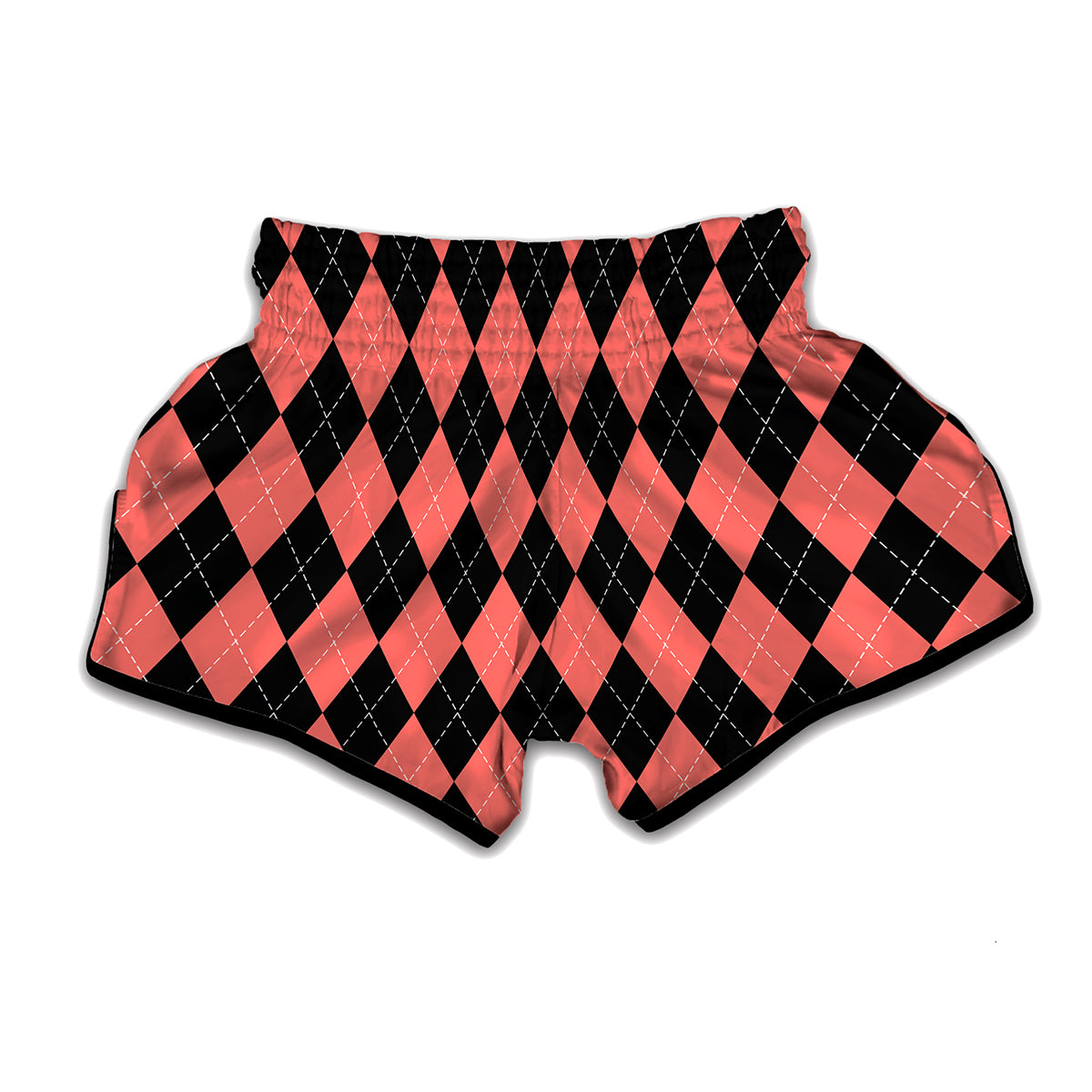 Black And Coral Argyle Pattern Print Muay Thai Boxing Shorts