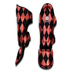 Black And Coral Argyle Pattern Print Muay Thai Shin Guard