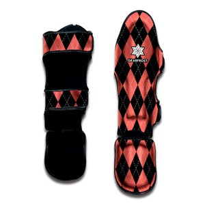 Black And Coral Argyle Pattern Print Muay Thai Shin Guard