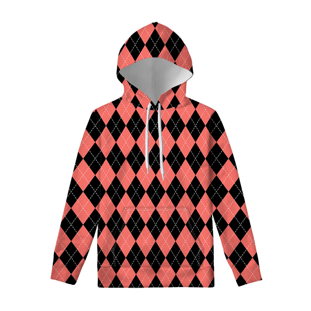 Black And Coral Argyle Pattern Print Pullover Hoodie