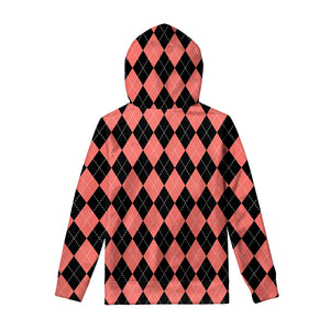 Black And Coral Argyle Pattern Print Pullover Hoodie