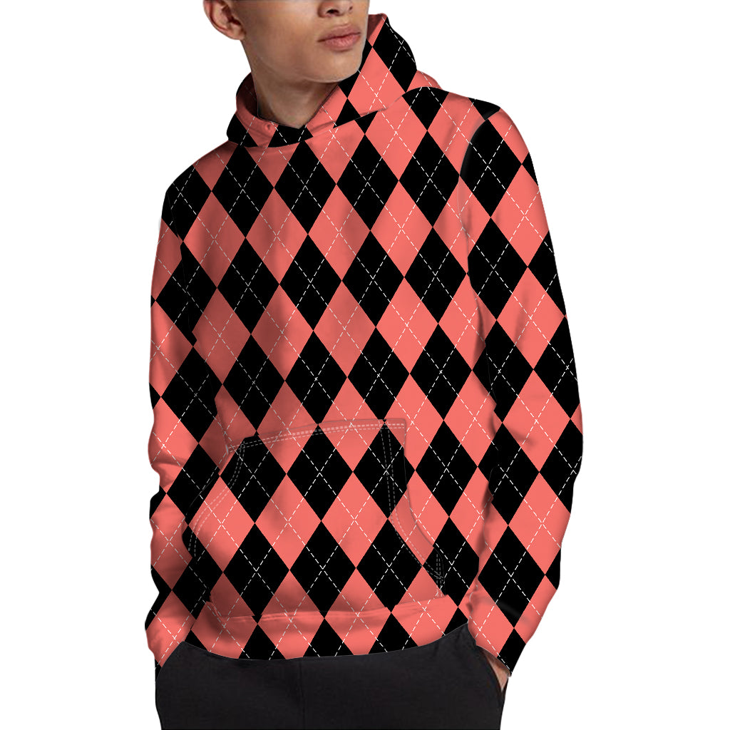 Black And Coral Argyle Pattern Print Pullover Hoodie