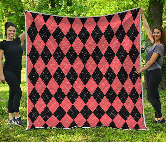 Black And Coral Argyle Pattern Print Quilt