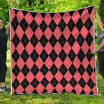 Black And Coral Argyle Pattern Print Quilt