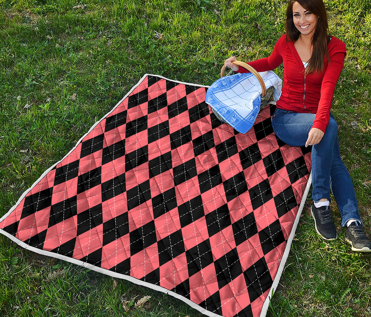 Black And Coral Argyle Pattern Print Quilt