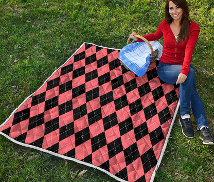 Black And Coral Argyle Pattern Print Quilt