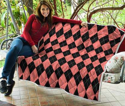 Black And Coral Argyle Pattern Print Quilt
