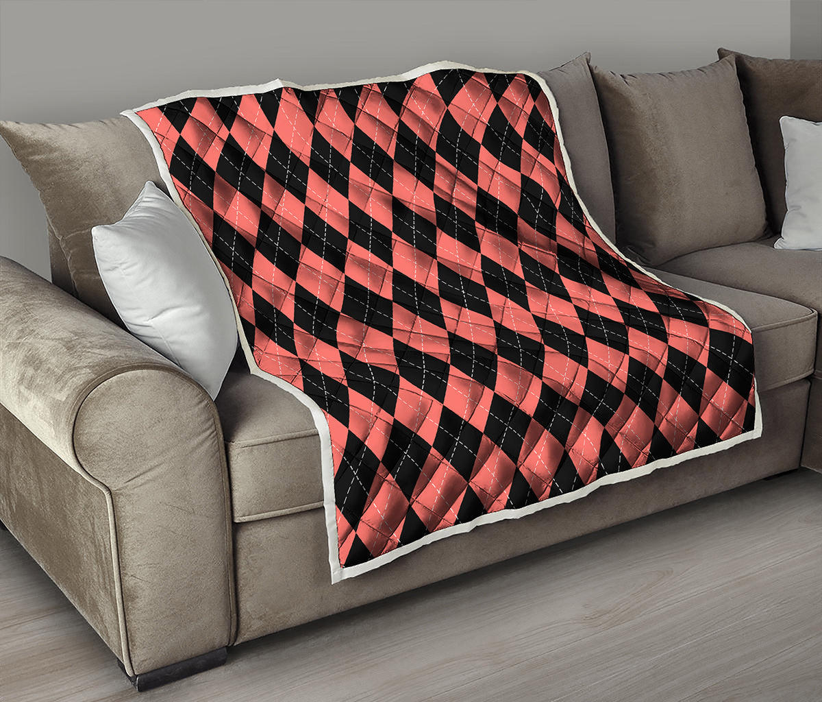 Black And Coral Argyle Pattern Print Quilt