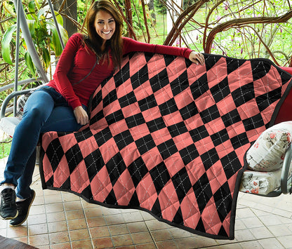 Black And Coral Argyle Pattern Print Quilt