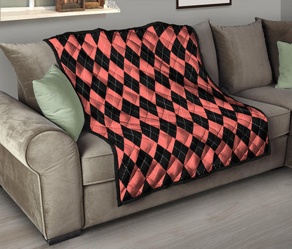 Black And Coral Argyle Pattern Print Quilt