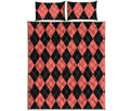 Black And Coral Argyle Pattern Print Quilt Bed Set
