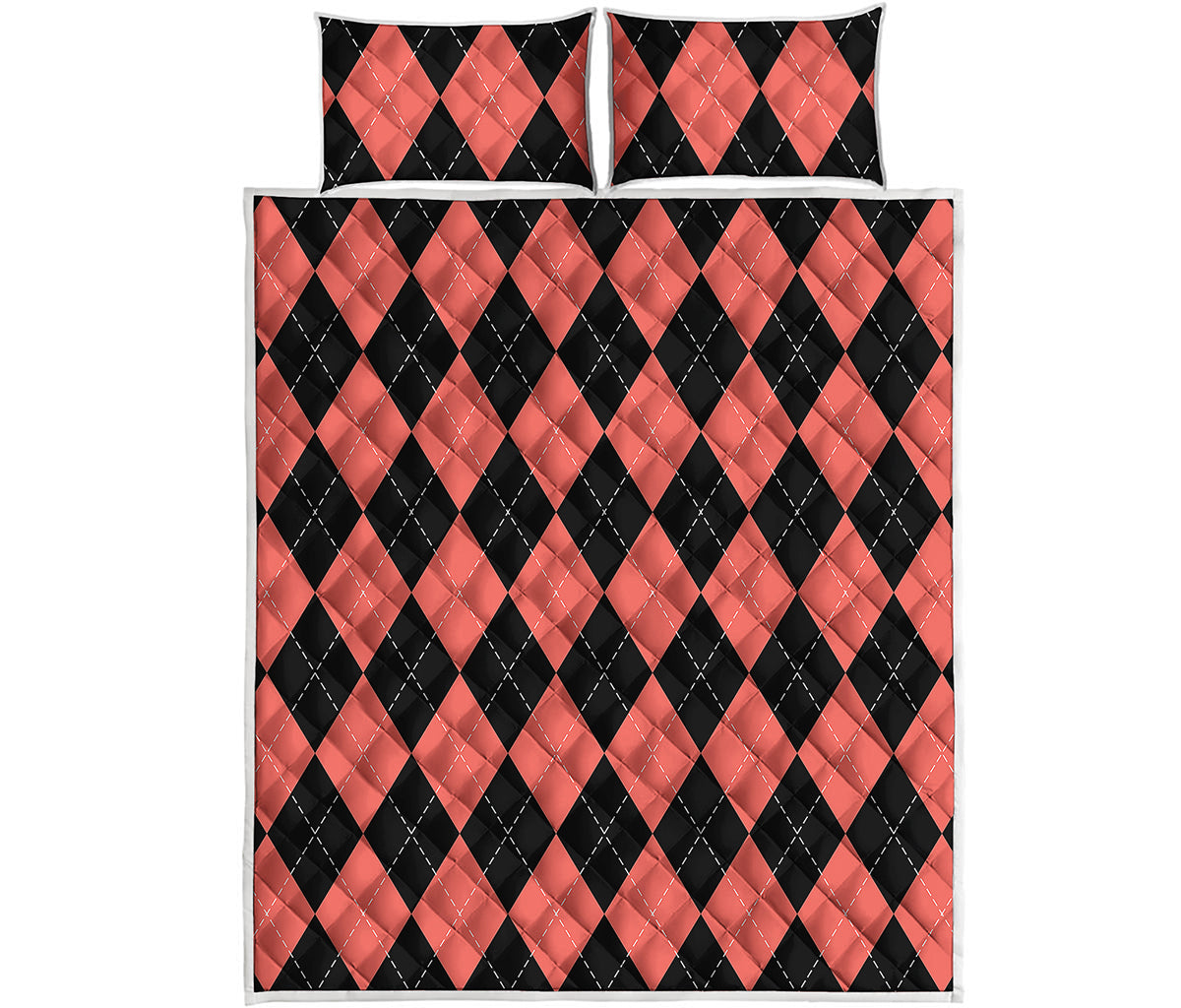 Black And Coral Argyle Pattern Print Quilt Bed Set