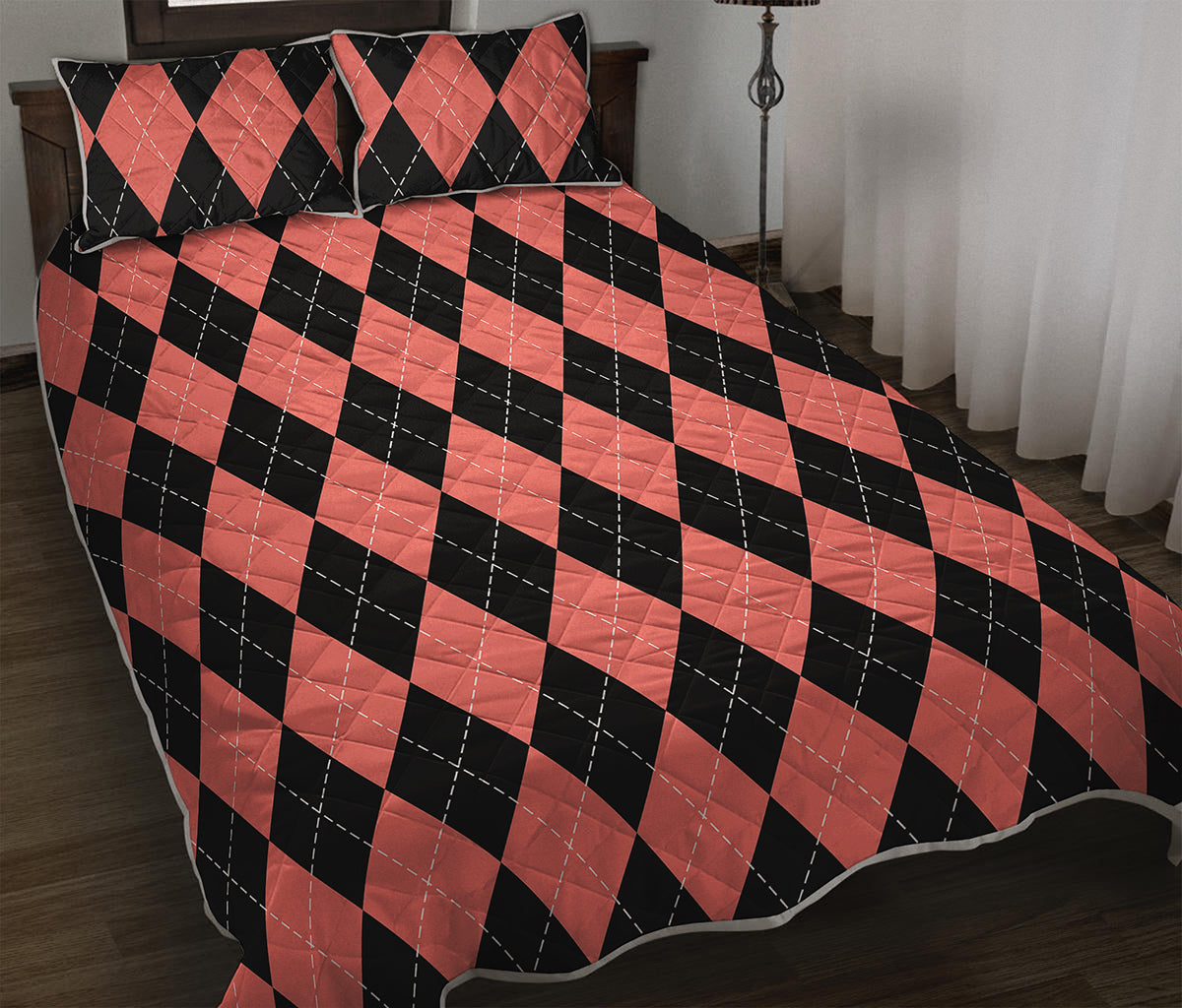 Black And Coral Argyle Pattern Print Quilt Bed Set