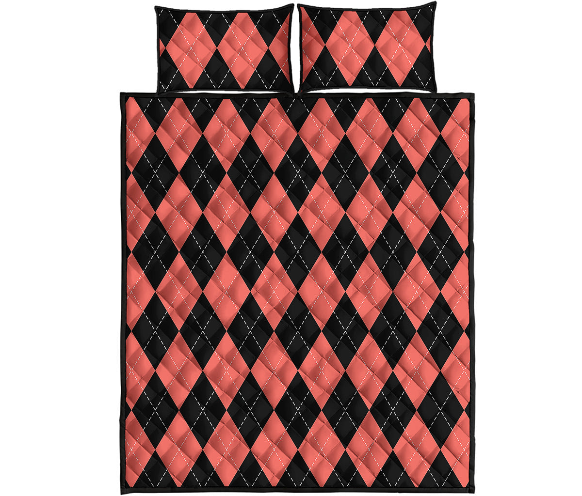 Black And Coral Argyle Pattern Print Quilt Bed Set