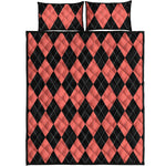 Black And Coral Argyle Pattern Print Quilt Bed Set
