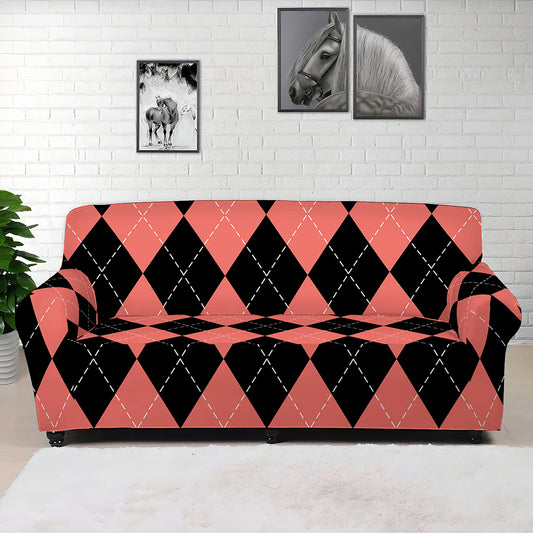 Black And Coral Argyle Pattern Print Sofa Cover