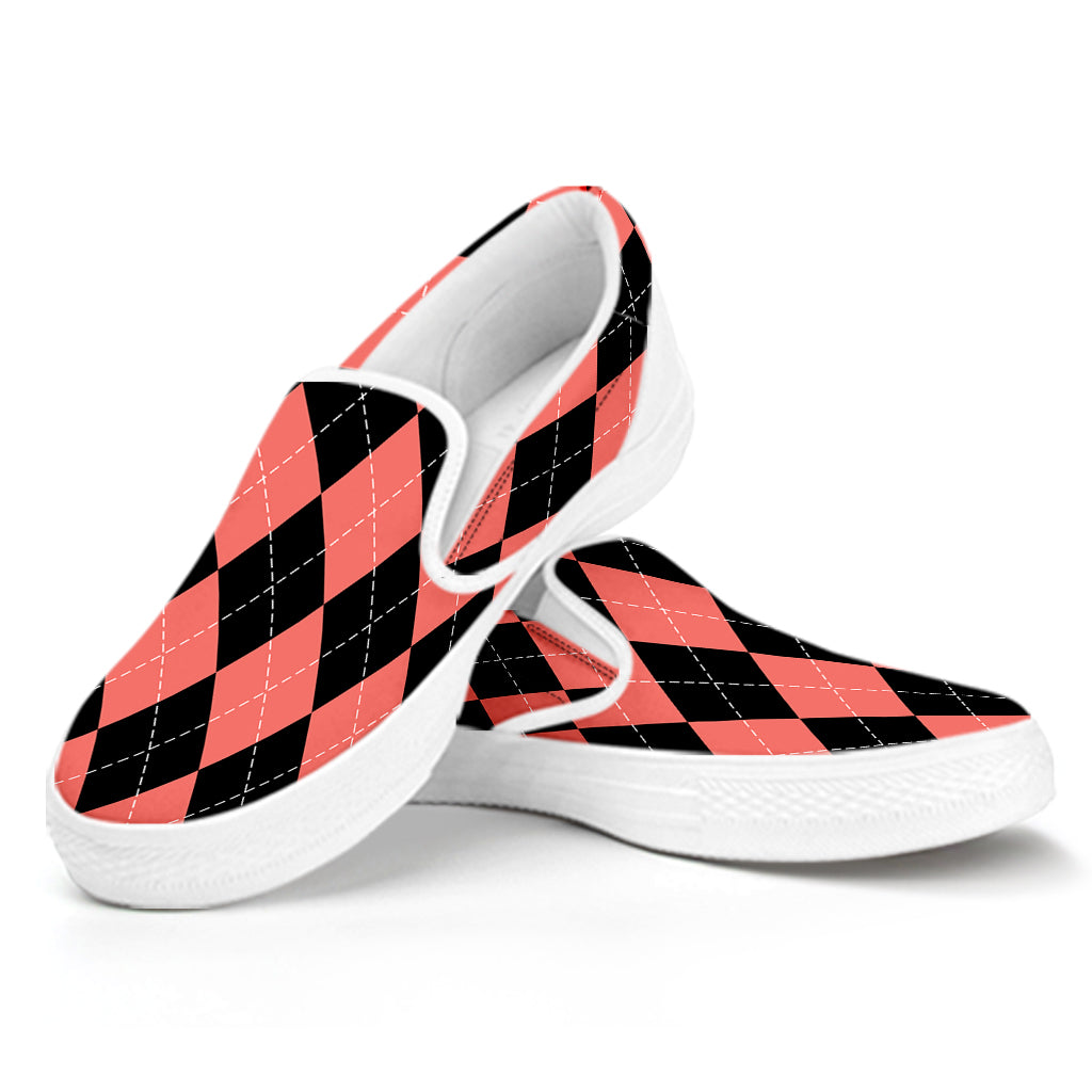 Black And Coral Argyle Pattern Print White Slip On Shoes