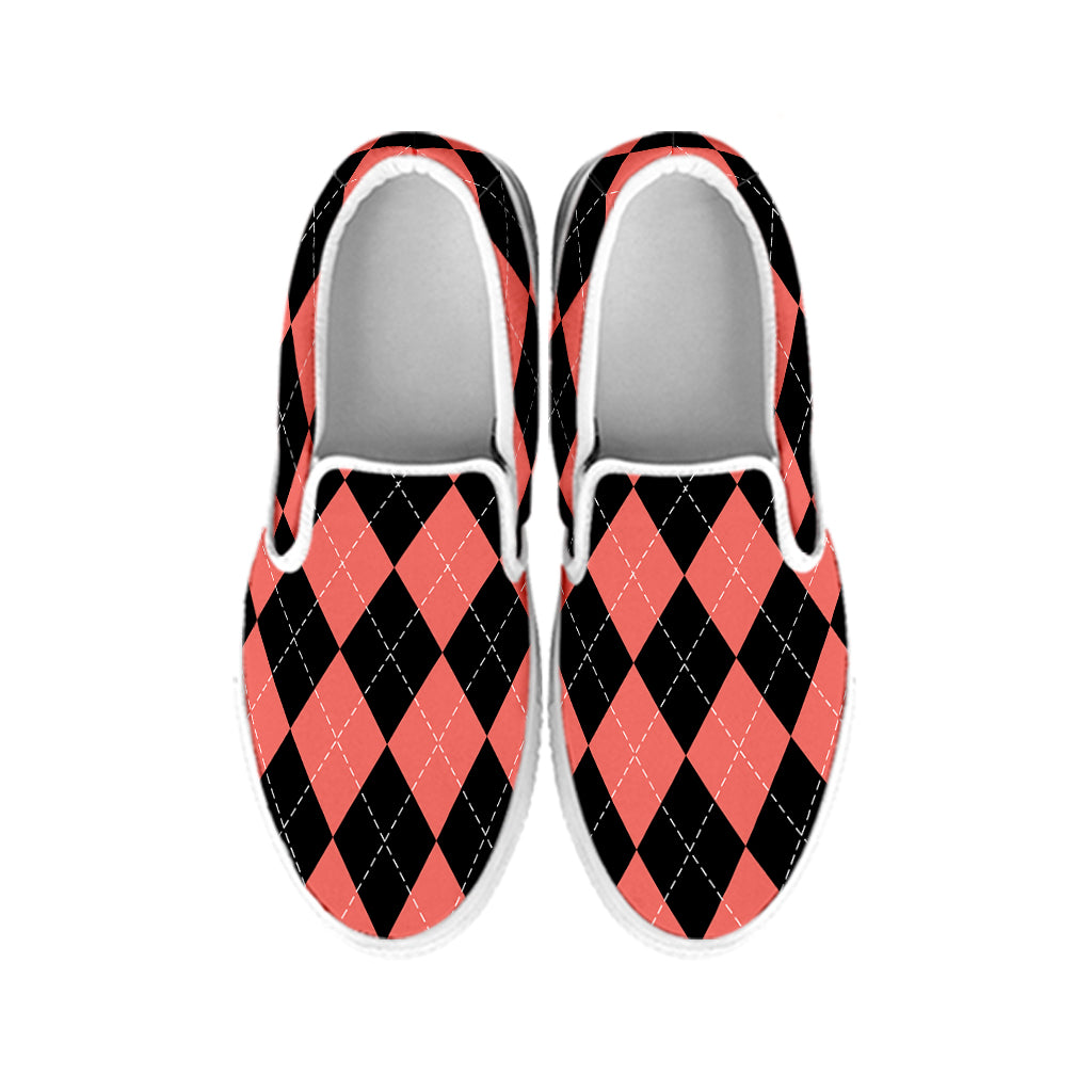 Black And Coral Argyle Pattern Print White Slip On Shoes