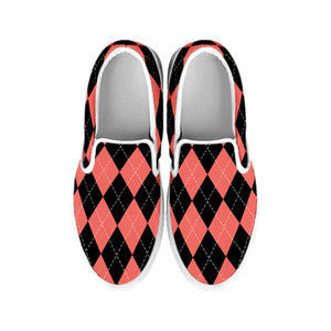 Black And Coral Argyle Pattern Print White Slip On Shoes