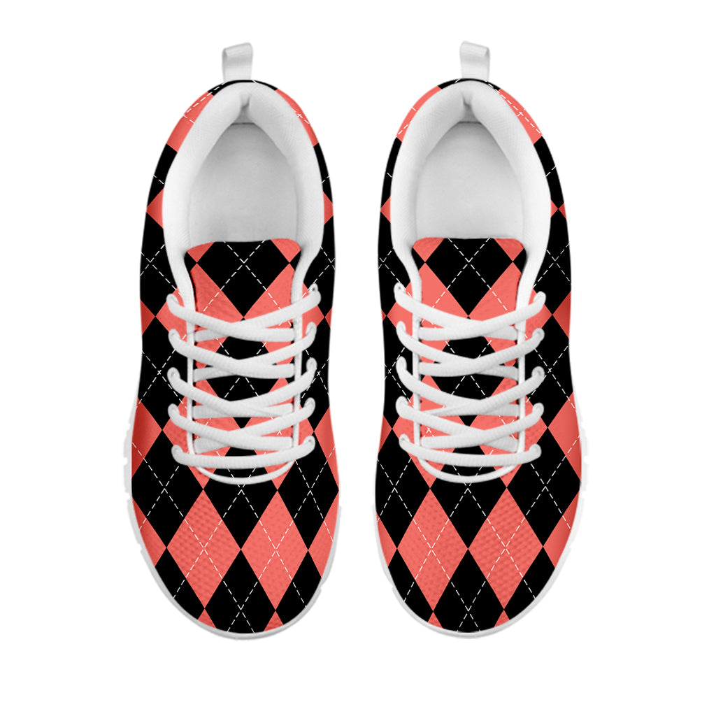 Black And Coral Argyle Pattern Print White Sneakers