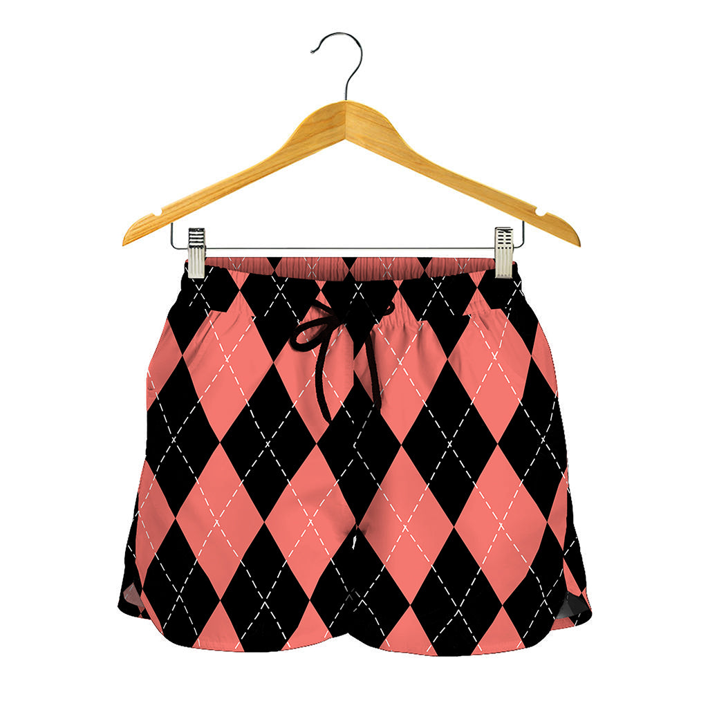 Black And Coral Argyle Pattern Print Women's Shorts