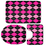 Black And Deep Pink Argyle Pattern Print 3 Piece Bath Mat Set