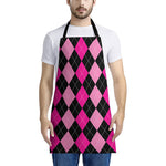 Black And Deep Pink Argyle Pattern Print Apron