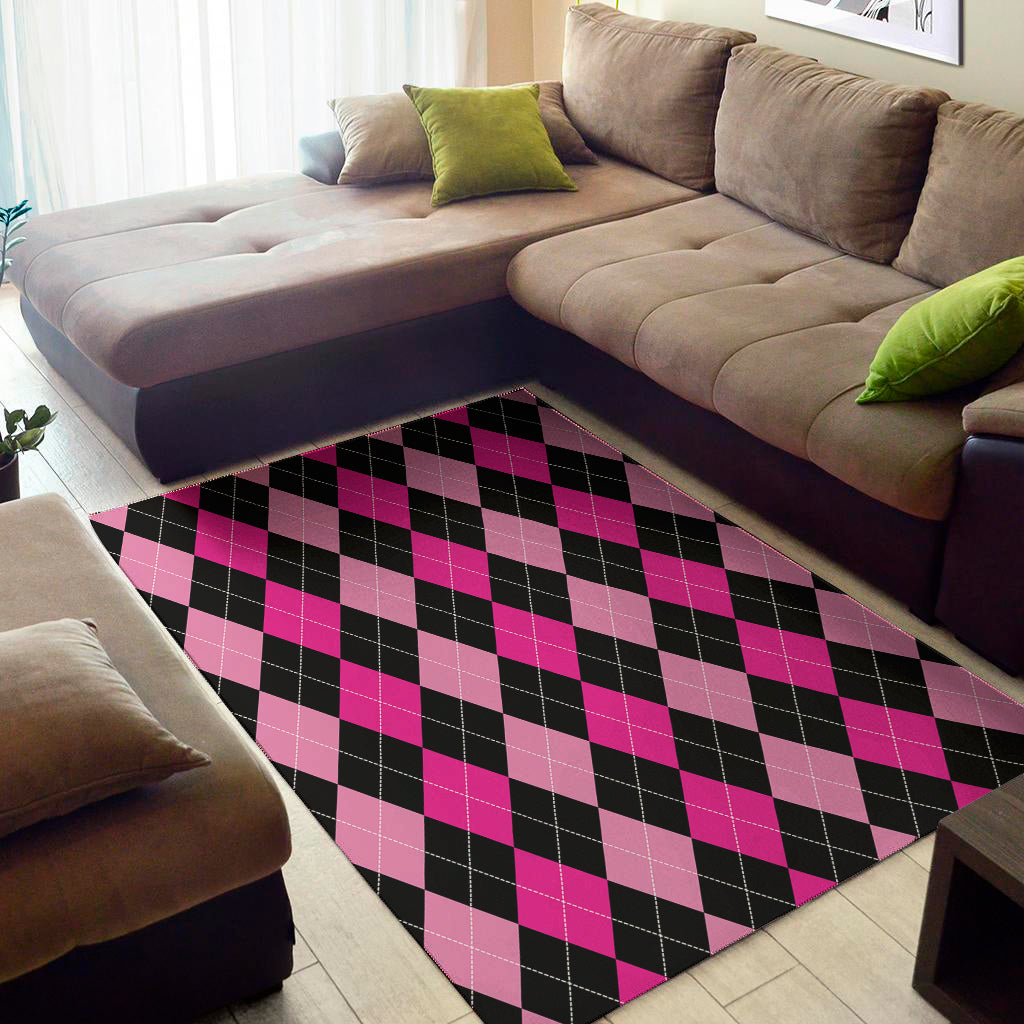 Black And Deep Pink Argyle Pattern Print Area Rug