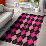 Black And Deep Pink Argyle Pattern Print Area Rug