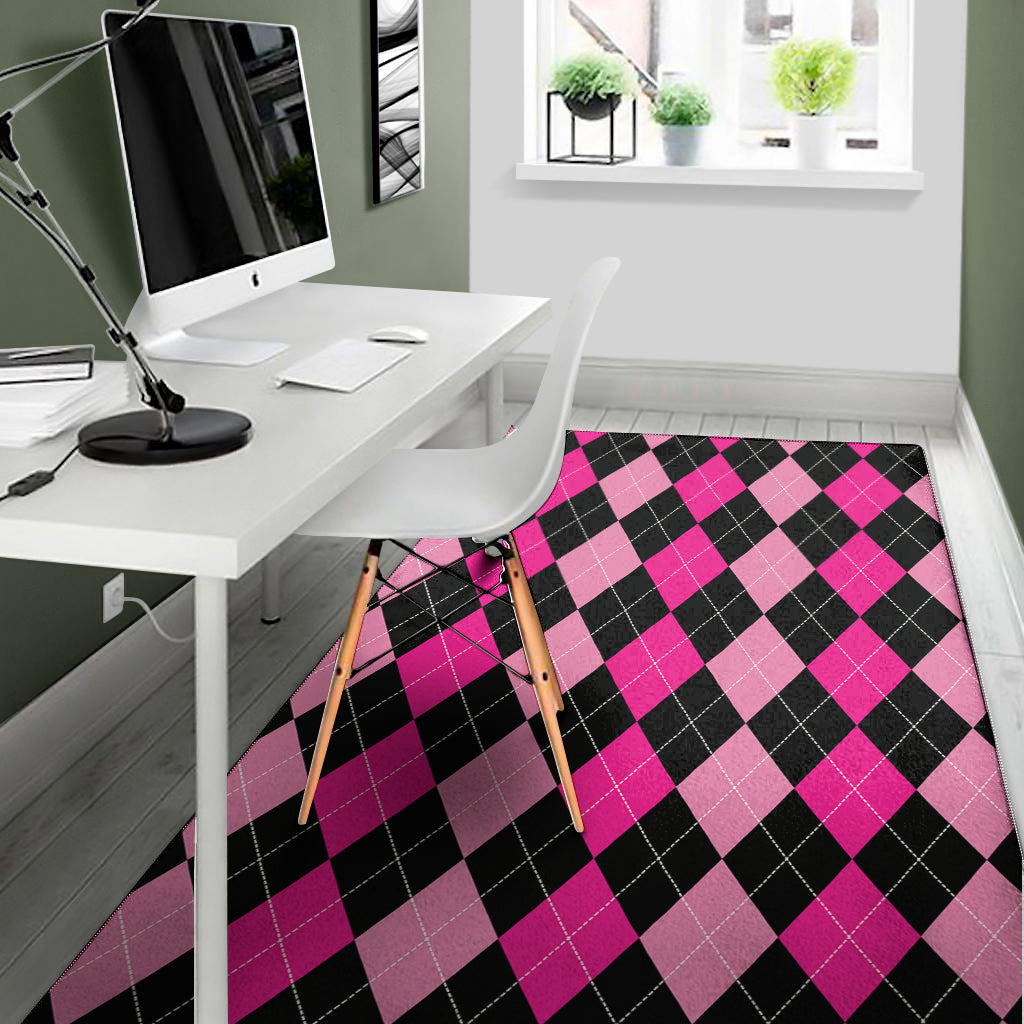 Black And Deep Pink Argyle Pattern Print Area Rug