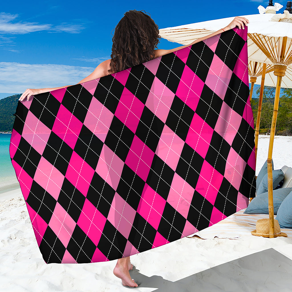 Black And Deep Pink Argyle Pattern Print Beach Sarong Wrap