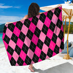 Black And Deep Pink Argyle Pattern Print Beach Sarong Wrap