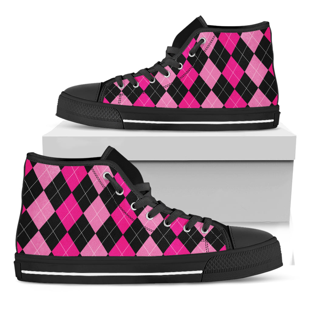 Black And Deep Pink Argyle Pattern Print Black High Top Shoes