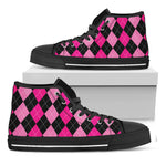 Black And Deep Pink Argyle Pattern Print Black High Top Shoes