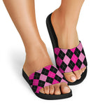 Black And Deep Pink Argyle Pattern Print Black Slide Sandals