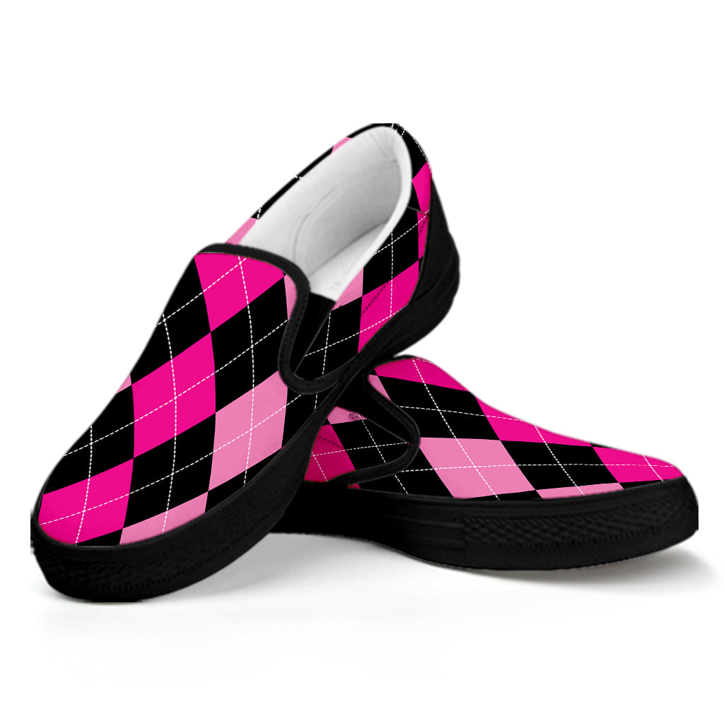 Black And Deep Pink Argyle Pattern Print Black Slip On Shoes