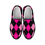 Black And Deep Pink Argyle Pattern Print Black Slip On Shoes