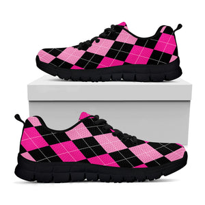 Black And Deep Pink Argyle Pattern Print Black Sneakers