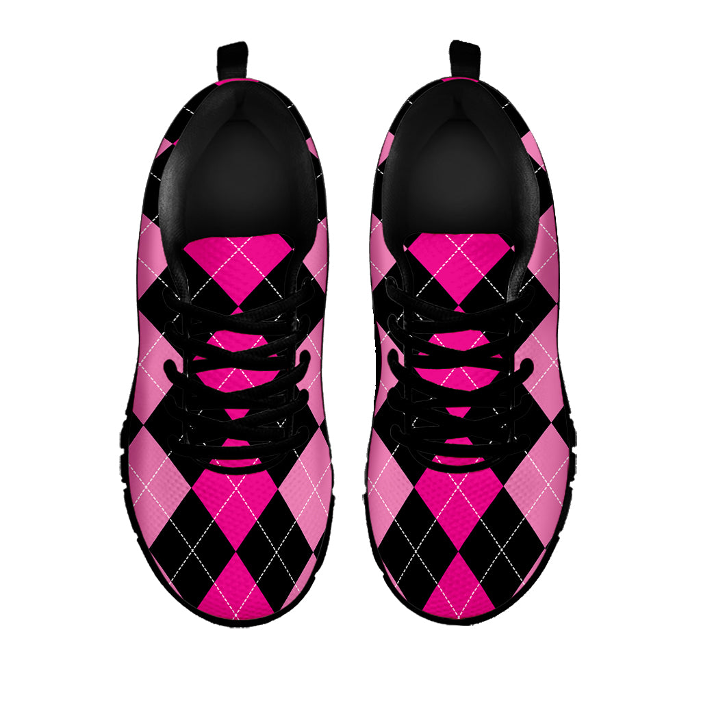 Black And Deep Pink Argyle Pattern Print Black Sneakers