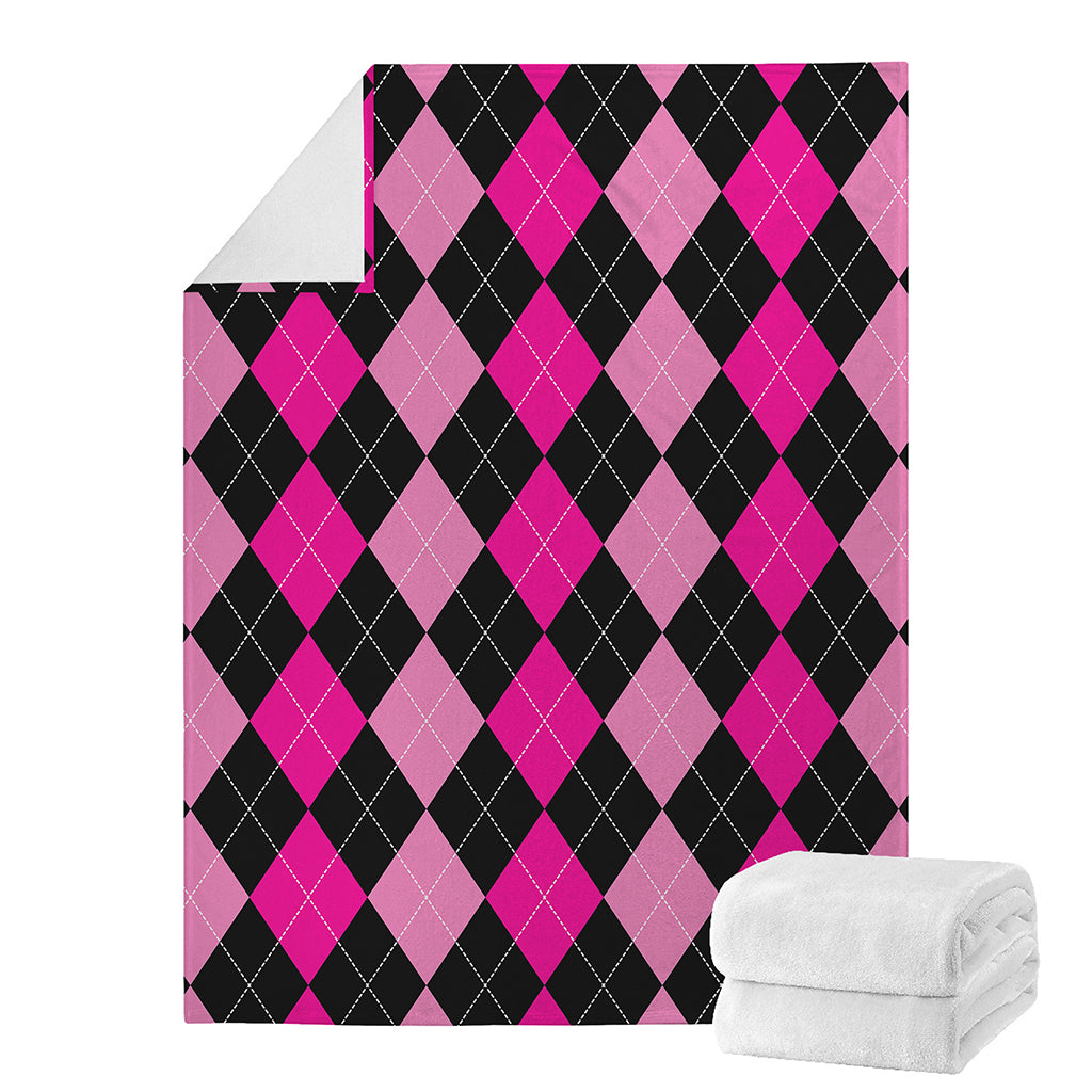 Black And Deep Pink Argyle Pattern Print Blanket