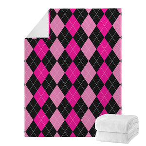 Black And Deep Pink Argyle Pattern Print Blanket