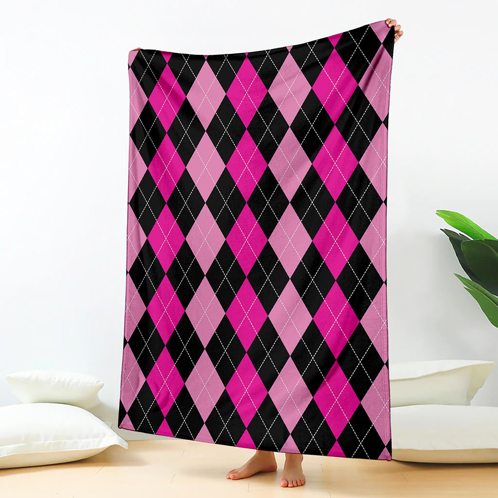 Black And Deep Pink Argyle Pattern Print Blanket