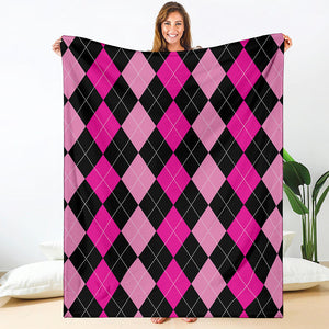 Black And Deep Pink Argyle Pattern Print Blanket