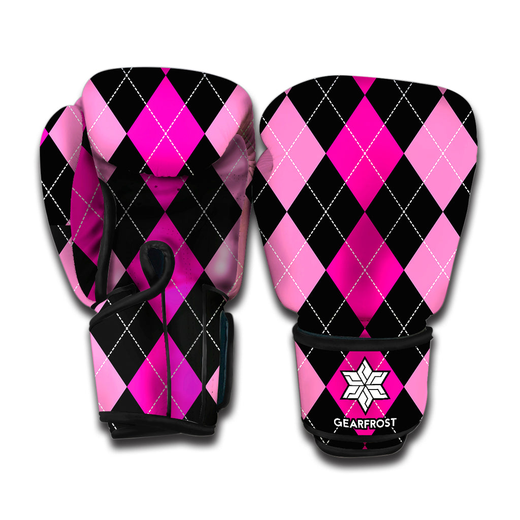 Black And Deep Pink Argyle Pattern Print Boxing Gloves