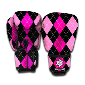 Black And Deep Pink Argyle Pattern Print Boxing Gloves