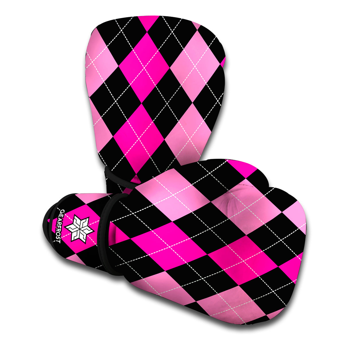 Black And Deep Pink Argyle Pattern Print Boxing Gloves