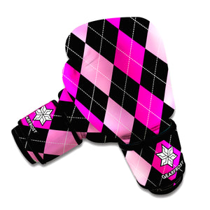 Black And Deep Pink Argyle Pattern Print Boxing Gloves