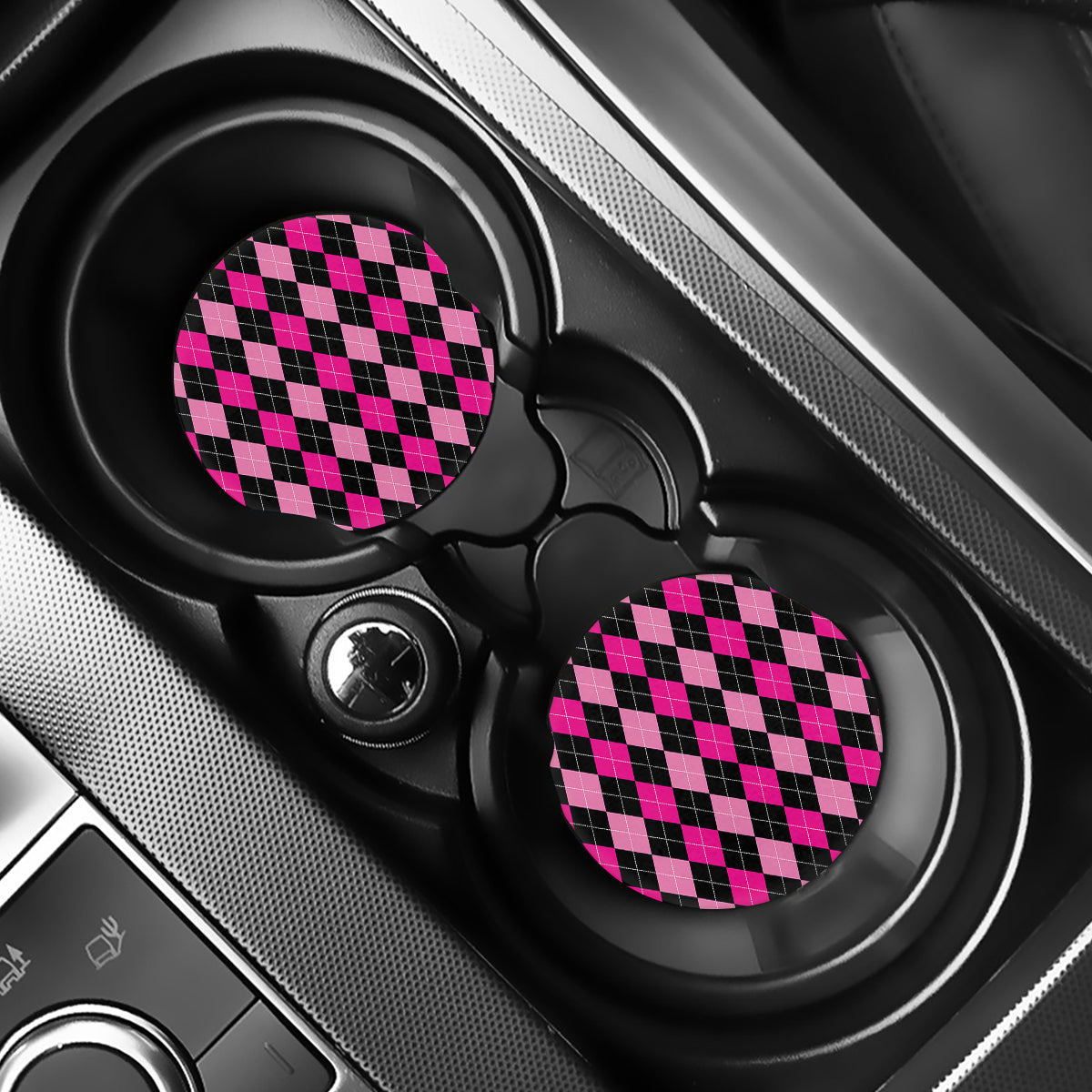Black And Deep Pink Argyle Pattern Print Car Coasters