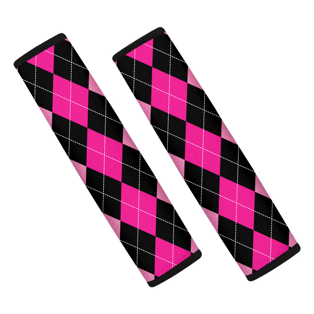 Black And Deep Pink Argyle Pattern Print Car Seat Belt Covers